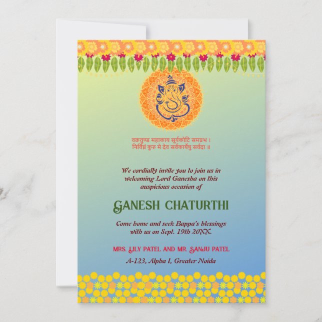 Convites Ganesh Chaturthi Floral Colorful (Frente)