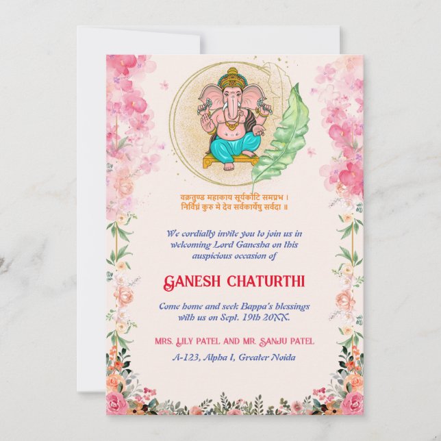 Convites Ganesh Chaturthi Floral Colorful (Frente)