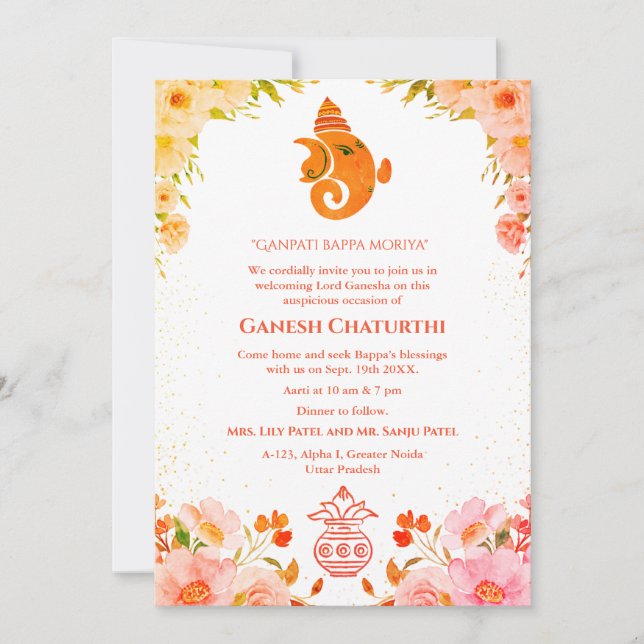 Convites Ganesh Chaturthi Puja Floral (Frente)
