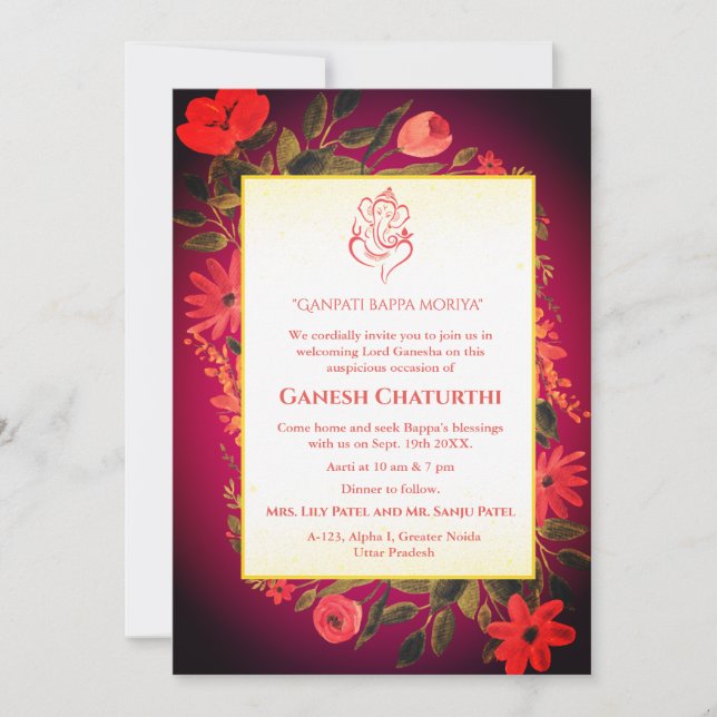 Convites Ganesh Chaturthi Puja Floral (Frente)