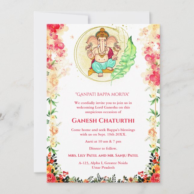 Convites Ganesh Chaturthi Puja Floral (Frente)