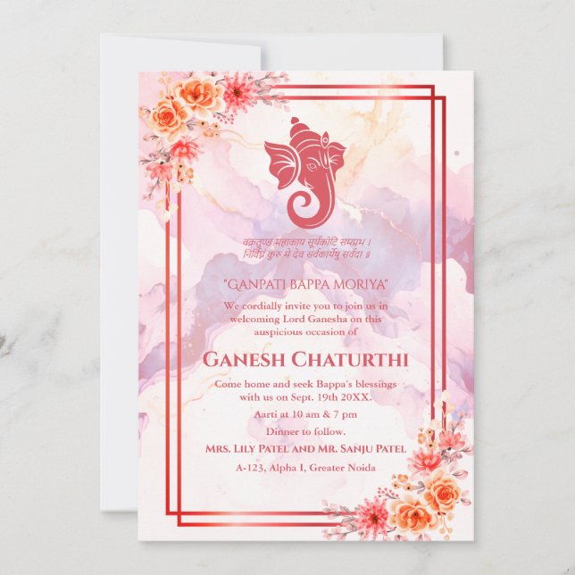 Convites Ganesh Chaturthi Puja Floral (Frente)