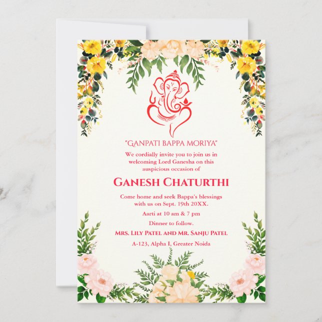 Convites Ganesh Chaturthi Puja Floral (Frente)