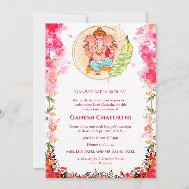 Convites Ganesh Chaturthi Puja Floral (Frente)