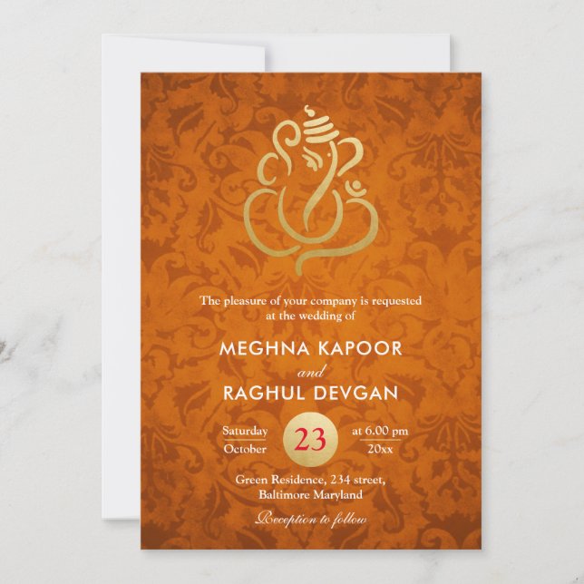 Convites Ganesha/Indian Faux Gold Foil Orange Damask (Frente)