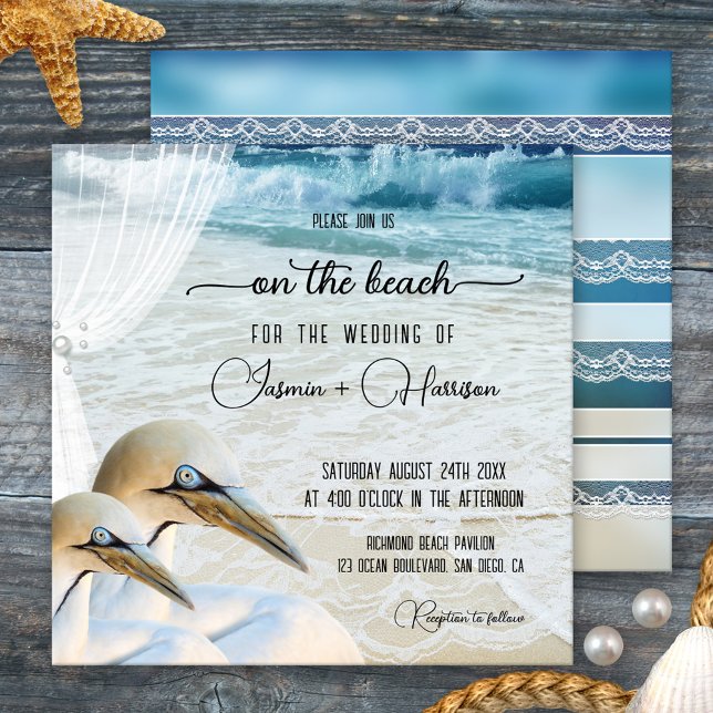 Convites Gannet Beach com Casamento de Destino de Lace (Beach or destination wedding invitation featuring an original design with gannets and a veil)
