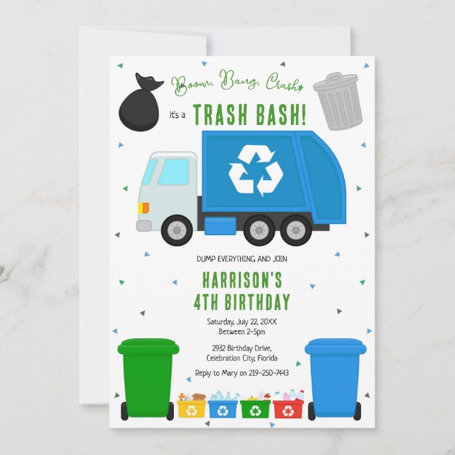 Convites Garbage Trash Truck Birthday Invitation (Frente)