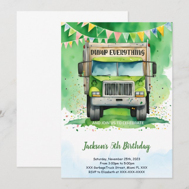 Convites Garbage Truck Birthday (Frente/Verso)