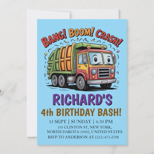 Convites Garbage Truck Themed Kids Trash Party Birthday (Frente)
