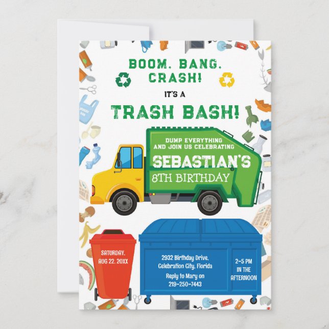 Convites Garbage Truck Trash Bash Boy Birthday Invitation (Frente)