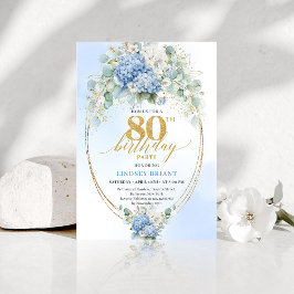Convites Garden Blue Floral Gold 80th Birthday Invitation