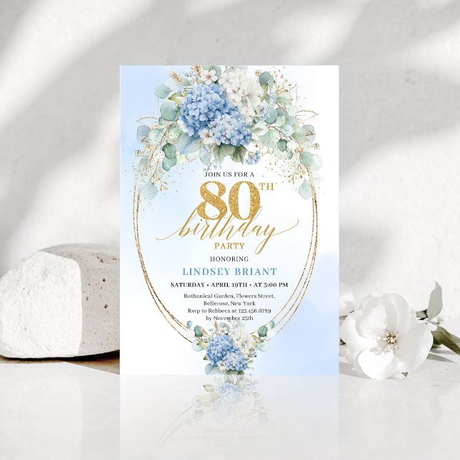 Convites Garden Blue Floral Gold 80th Birthday Invitation (Garden Blue Floral Gold 80th Birthday Invitation)