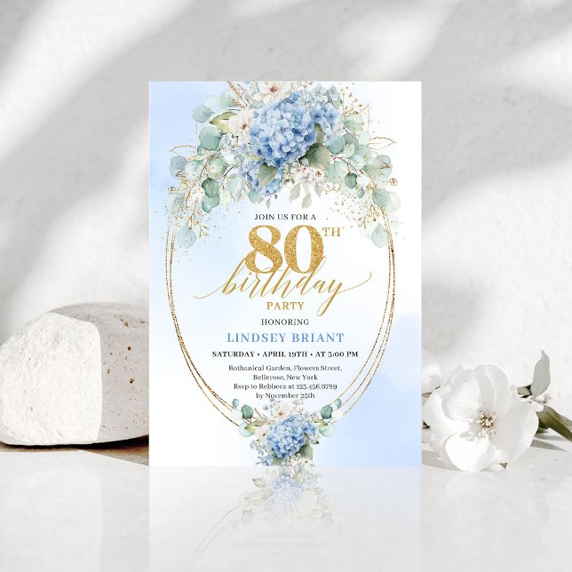 Convites Garden Blue Floral Gold 80th Birthday Invitation (Garden Blue Floral Gold 80th Birthday Invitation)