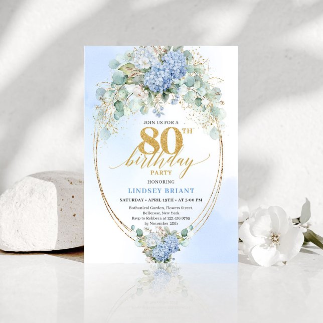 Convites Garden Blue Hydrangea Gold 80th Birthday Invites (Garden Blue Hydrangea Gold 80th Birthday Invitation)