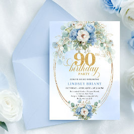 Convites Garden Boho Blue Floral 90th Birthday Invite