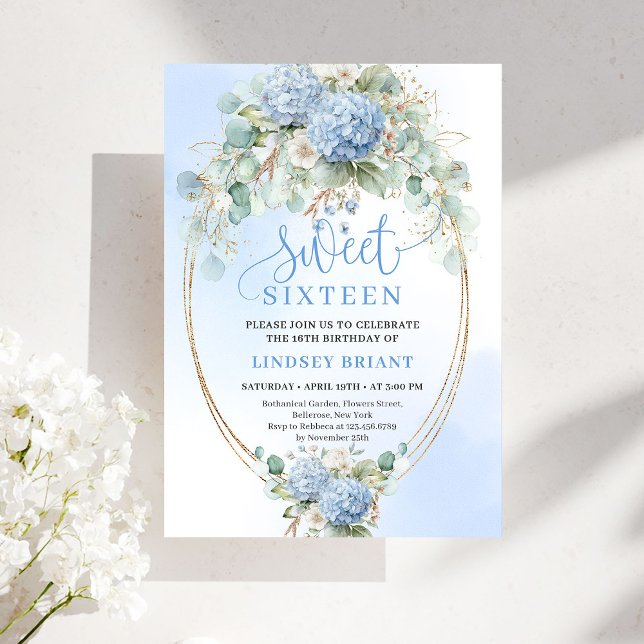 Convites Garden Boho Blue Hydrangeas Sweet Sixteen Invite (Garden Boho Blue Hydrangeas Sweet Sixteen Invitation)