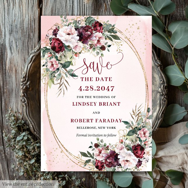 Convites Garden Boho Burgundy Blush Gold Roses Save Date (Garden Boho Burgundy Blush Gold Roses Save Date)