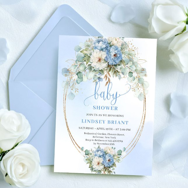 Convites Garden Boho Dusty Blue Flowers Greenery Baby Showe (Garden Boho Dusty Blue Flowers Greenery Baby Shower)