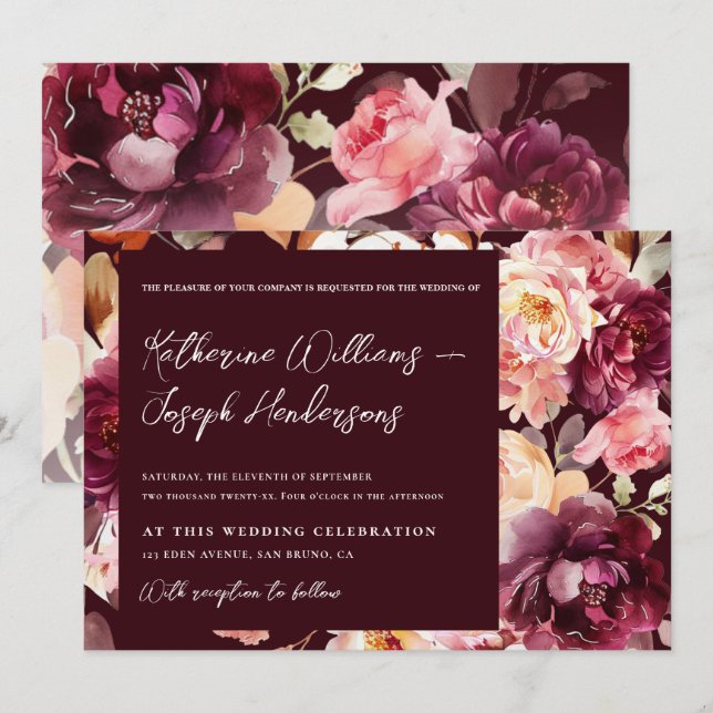 Convites Garden Floral Burgundy Script calligraphy Wedding (Frente/Verso)