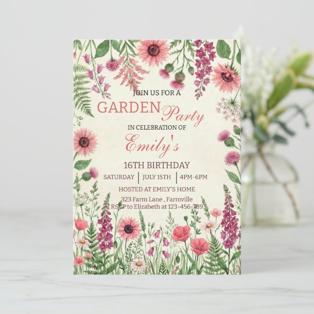 Convites Garden Party Watercolor Wildflower Floral Birthday (Em pé/Frente)