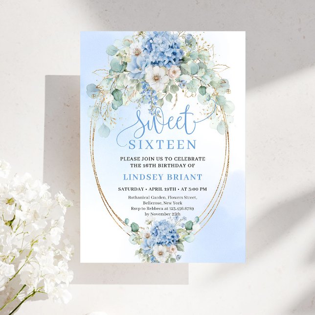 Convites Garden Script Blue Floral Gold Sweet 16 Birthday  (Garden Script Blue Floral Gold Sweet 16 Birthday Invite)