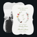 Convites Garden Wedding Die Cut Save the Date Card<br><div class="desc">Garden wedding save the date card with an elegant die cut shape — a beautifully romantic botanical design perfect for the nature-loving bride who adores garden party and cottagecore wedding aesthetics. The delicate wildflower wreath and butterfly detail create a timeless outdoor feel. Style with botanical invitations, soft green palettes, and...</div>
