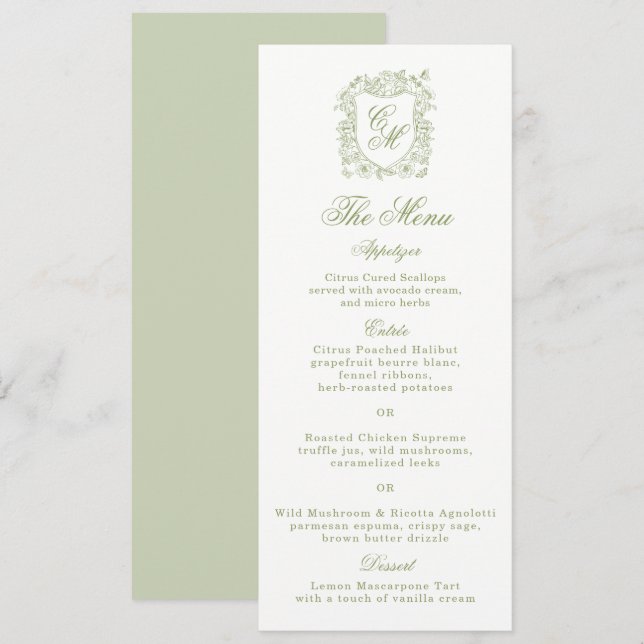Convites Garden Wedding Sage Green Monogram Crest Menu Card (Frente/Verso)