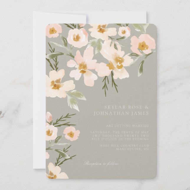 Convites Gardenia Blush Watercolor Abstrato Floral Cinza (Frente)