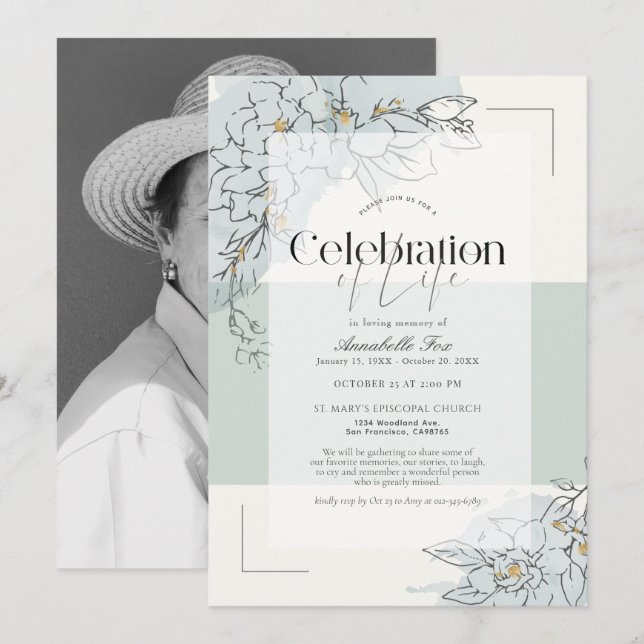 Convites Gardenia Botânica Sage Memorial Verde Funeral (Frente/Verso)