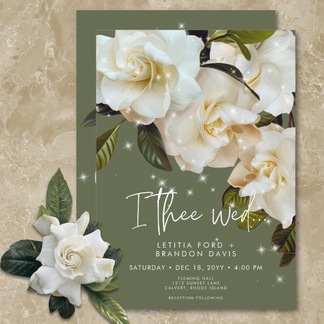 Convites Gardenias Brancas Modernas no Casamento de Sage Sp (Modern White Gardenias on Sage Sparkle Wedding Invitation)