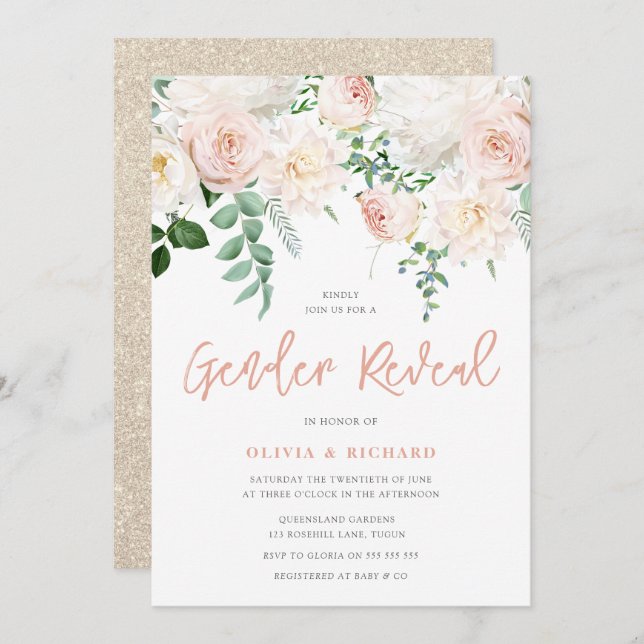 Convites Garganta Blush & White Floral Gênero Revelação (Frente/Verso)