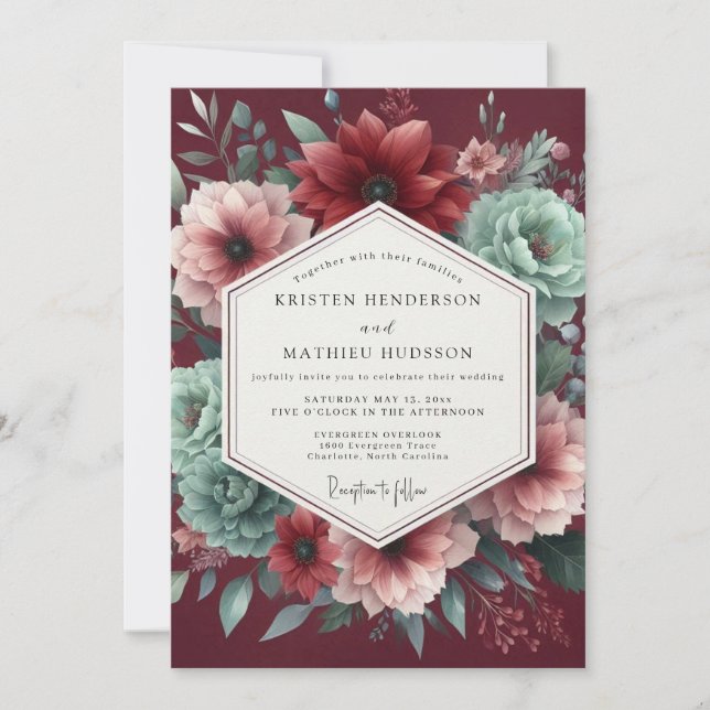 Convites Garnet Teal Dramatic Wedding (Frente)