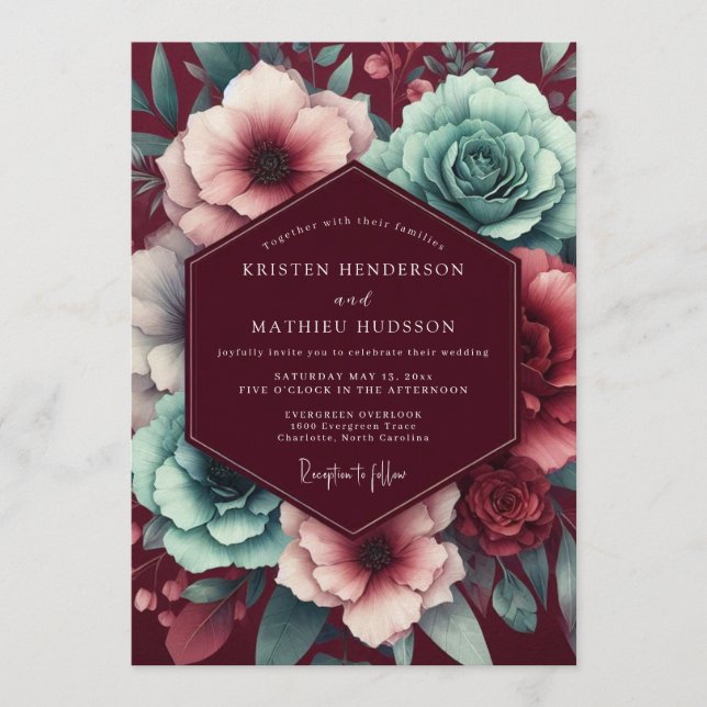 Convites Garnet Teal Moody Bloom Wedding (Frente)