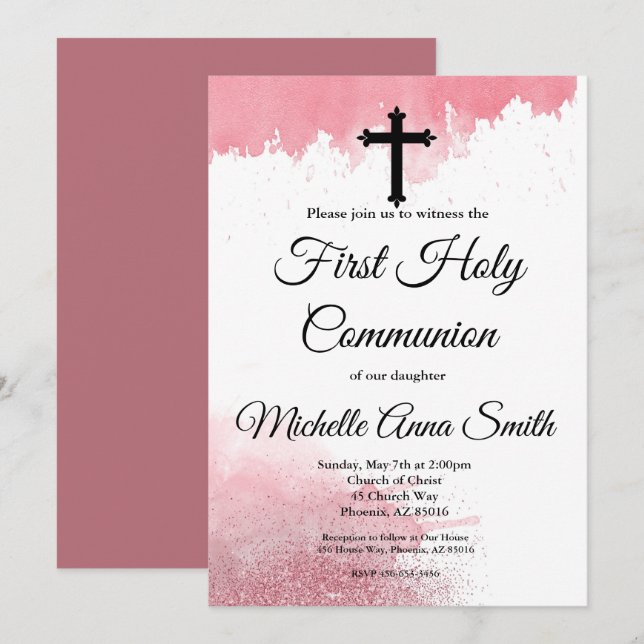 Convites Garota 1rua da Primeira Comunhão Rosa Dourada (Frente/Verso)