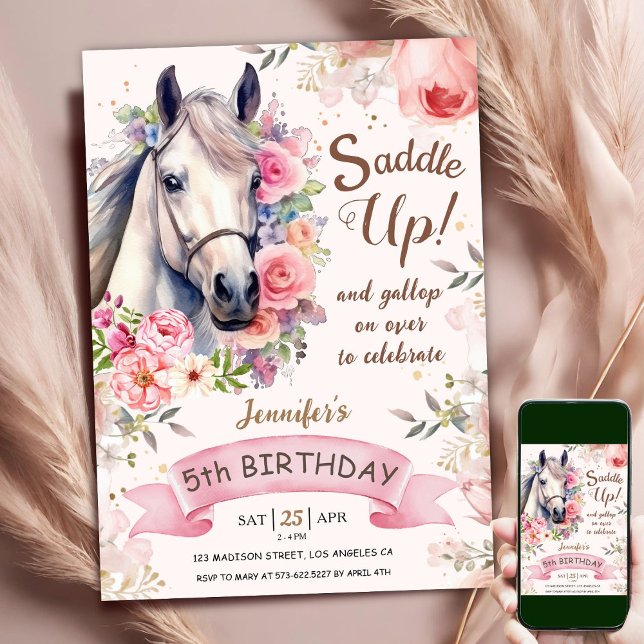 Convites Garota 5 de Cavalo Flores Rosa de Aniversário Vest (Criador carregado)