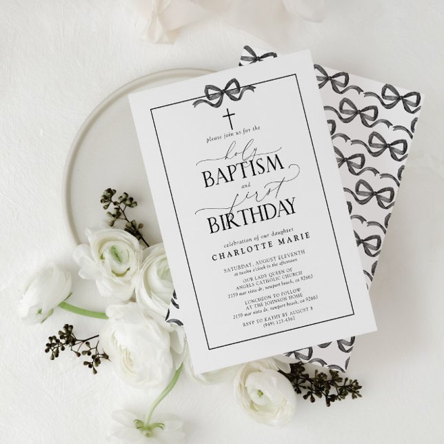 Convites Garota Arco Negra Sagrada Batismo e primeiro anive (Easily personalize this beautiful baptism and first birthday invitation with your personal details)