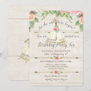 Convites Garota Aventura BoHO Teepee Arrow Wood