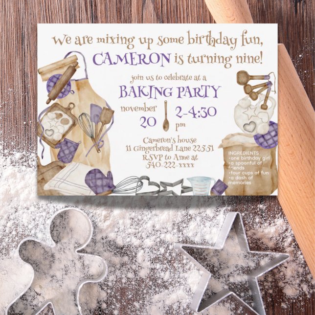 Convites Garota Baking Theme Festa de aniversário Roxo (Girl Baking Theme Birthday Party Purple Invitation)