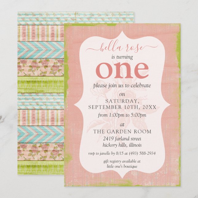 Convites Garota Bebê Aniversário Shabby Rosa Algodão Idade  (Frente/Verso)