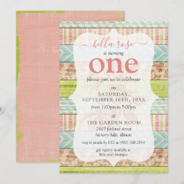 Convites Garota Bebê Aniversário Shabby Rosa Algodão Idade 