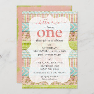 Convites Garota Bebê Aniversário Shabby Rosa Algodão Idade 