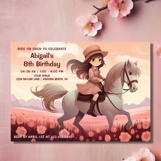 Convites Garota Bonita Andando Cavalo e Flores Rosa Anivers (Front - Cute Girl Riding Horse and Pink Flowers Birthday Invitation)