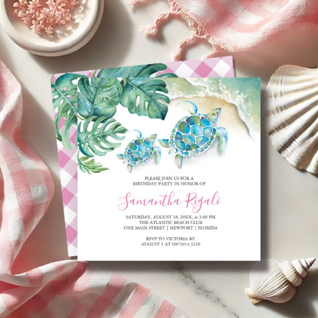 Convites Garota Bonita Invoca Aquarela Tropical (1st Birthday invitations for girl watercolor tropical beach art by Victoria Grigaliunas DoTellABelle)