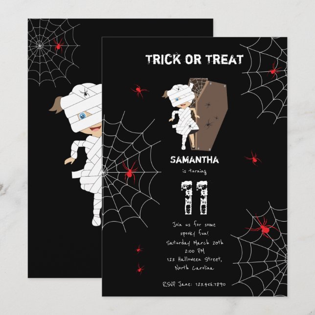 Convites Garota Bonita Mummy Coffin Girl Aniversário do Dia (Frente/Verso)