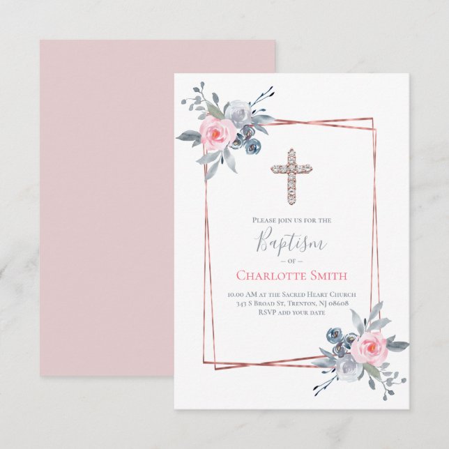 Convites Garota católica Baptism quadro floral design (Frente/Verso)