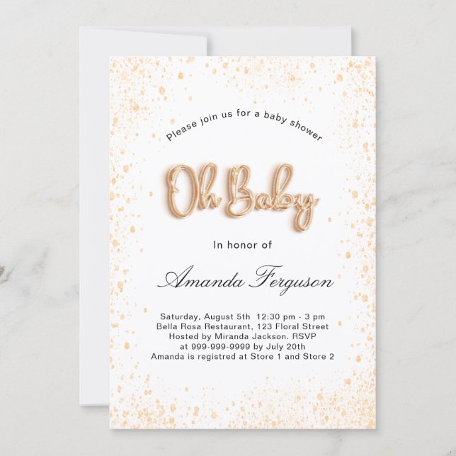 Convites Garota chá de fraldas branca dourada (Frente)