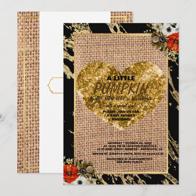 Convites Garota Chá de fraldas Cai Pumpkin Russo Burlap Woo (Frente/Verso)