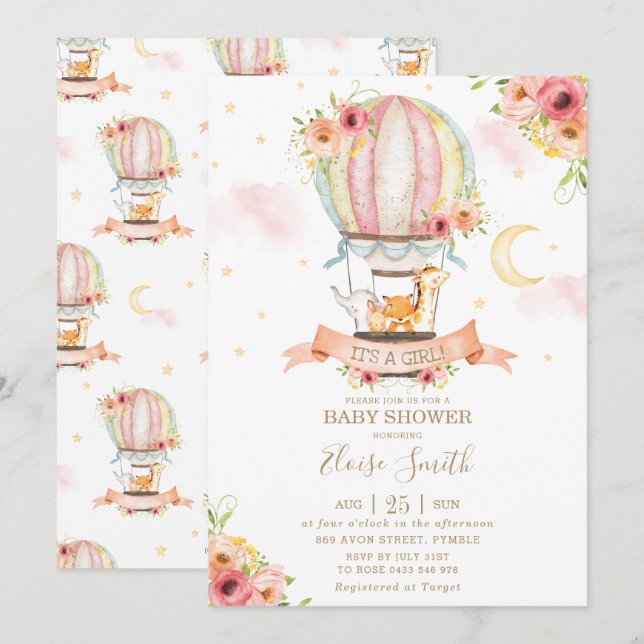 Convites Garota Chá de fraldas de Balões de Ar Quente (Frente/Verso)