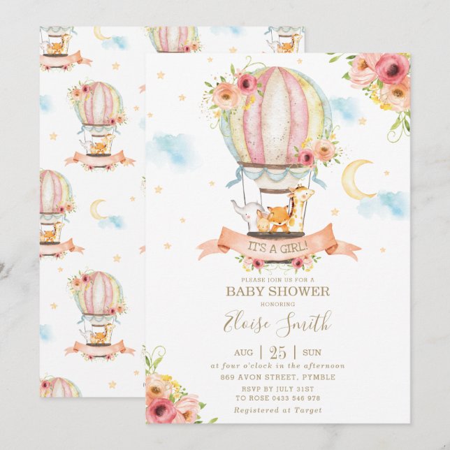 Convites Garota Chá de fraldas de Balões de Ar Quente (Frente/Verso)