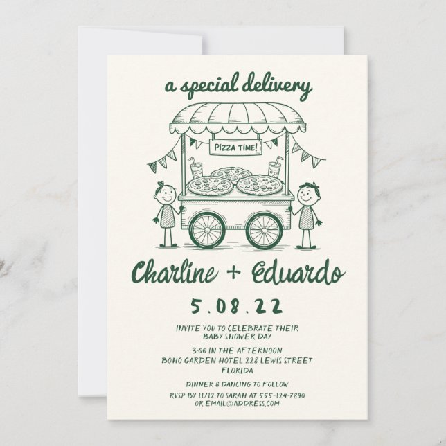 Convites Garota chá de fraldas de doodle da pizza de entreg (Frente)